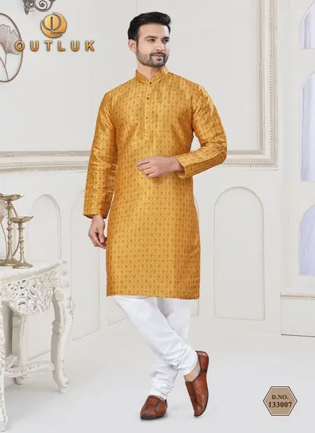 Yellow Colour Outluk Vol 133 Jequard Silk Digital Printed Mens Kurta Pajama Online Wholesale 133007
